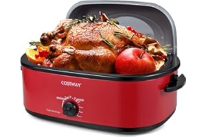 COSTWAY 18 Qt. Electric Turkey Roaster Oven 1450W with Self-Basting Lid, 150-450°F Full-range Temperature Control, Defrost & 
