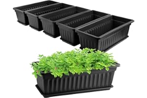 GREANER Rectangle Planters for Indoor Plants, 6 Pack 16.9x7.48 Inch Large Vegetable Flower Herb Window Boxes, Outdoor Plastic Growing Pots with Tray for House Windowsill Balcony Garden Use (Black)