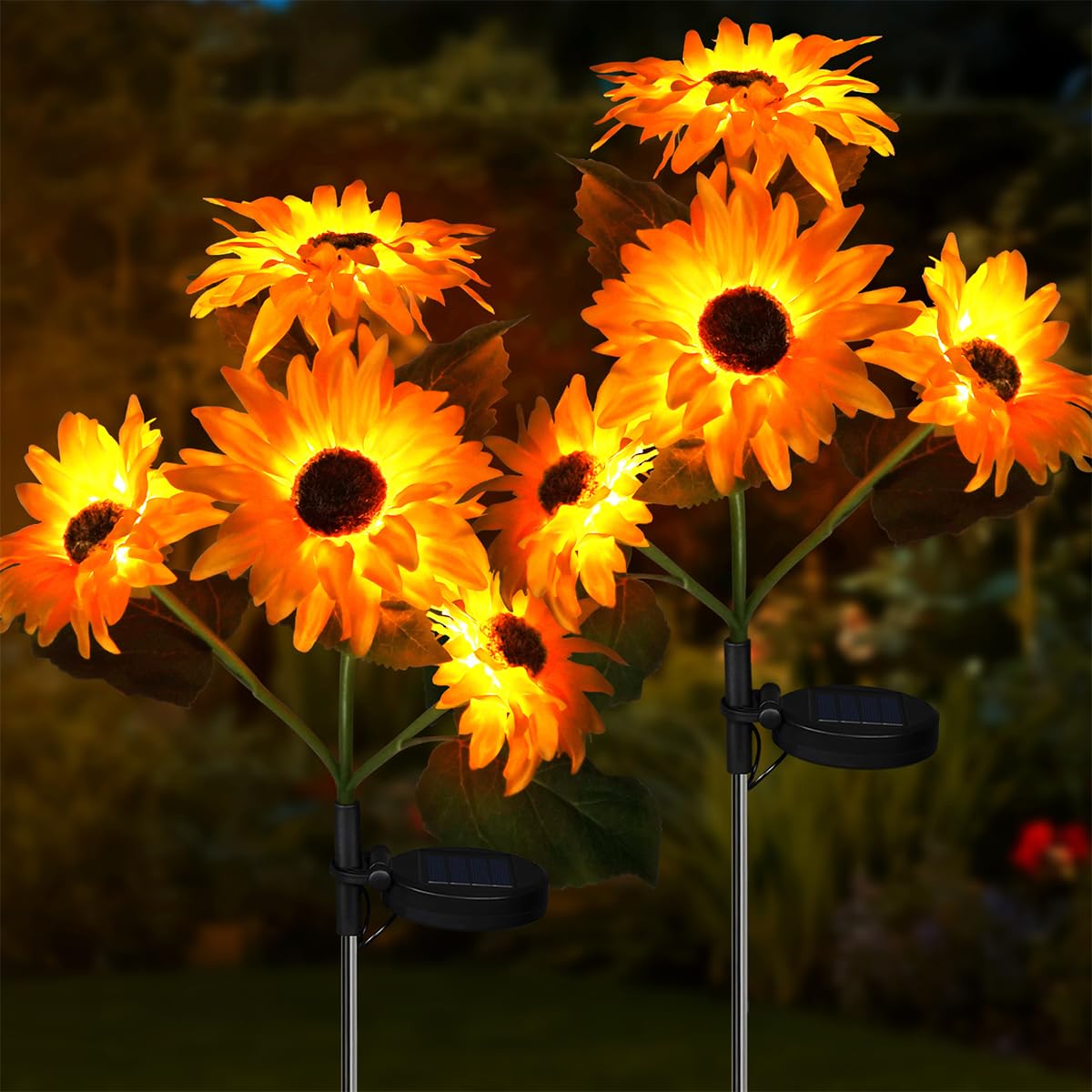 Aolyty LED Solar Sunflower Lights, 2Packs Waterproof Garden Lights, Sunflower Stake Lamp, Outdoor Artificial Ornaments Decoration Light for Pathway Party Wedding (4 Heads)