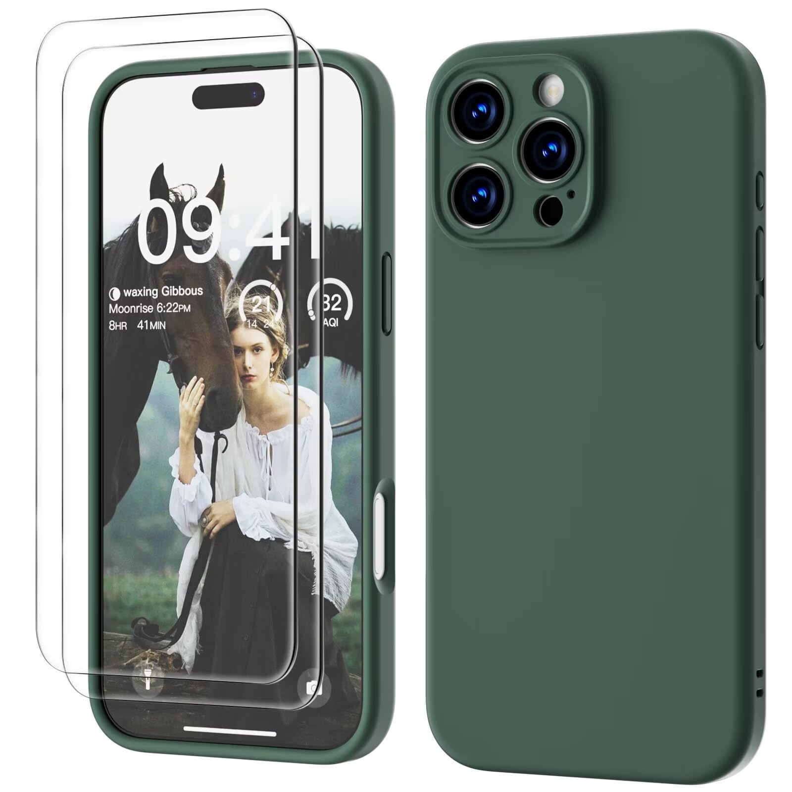 GOODVISH 3 IN 1 for iPhone 16 Pro Max Case 6.9 inch, Upgraded Camera Protection, 2 Pack HD Screen Protector, Liquid Silicone Anti-Scratch Shockproof Gel Rubber Non-Fingerprint Phone Case, Pine Green