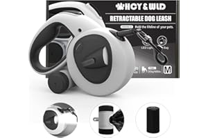 HCY&WLD Upgrade 4-in-1 Retractable Dog Leash with LED Light & Dispenser & Poop Bags, 16 ft Heavy Duty Dog Leash with Anti-Slip Handle for Dogs up to 66 lbs, 360° Tangle-Free, One Button Brake & Lock