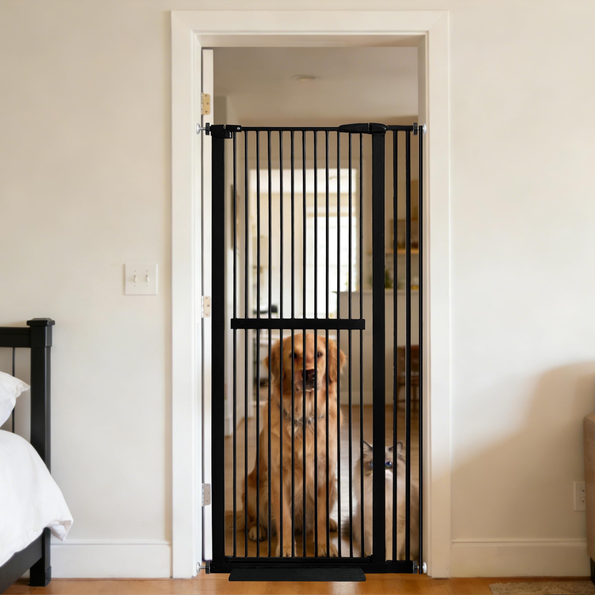 Photo 1 of Lumizone Extra Tall Cat Gate 61.02" High Pressure Mounted Extra Wide 34.06"-38.38" (17Sizes) 1.37" Gap No Drilling Auto-Close Tall Pet Gate for Dogs (Black, 34.06"-38.38" W)