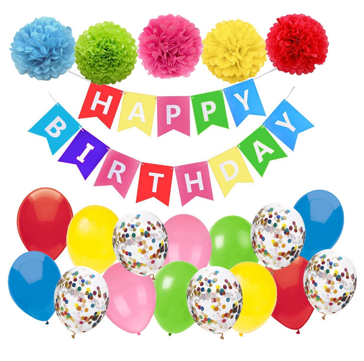 Makfort Decoration Anniversaire Fille Deco Rose Happy Birthday Banniere Guirlande Avec Pompons Rose Ballons Rose Confettis Ballons Pour Joyeux Anniversaire Deco Fille Petite Amie 1 An 2 Ans 3 Ans Decorations Et