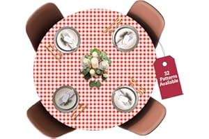 Covers For The Home Deluxe Elastic Edged Flannel Backed Vinyl Fitted Table Cover - Gingham (Red) Pattern - Large Round Oblong Oval - Fits Tables up to 45" - 56" Diameter