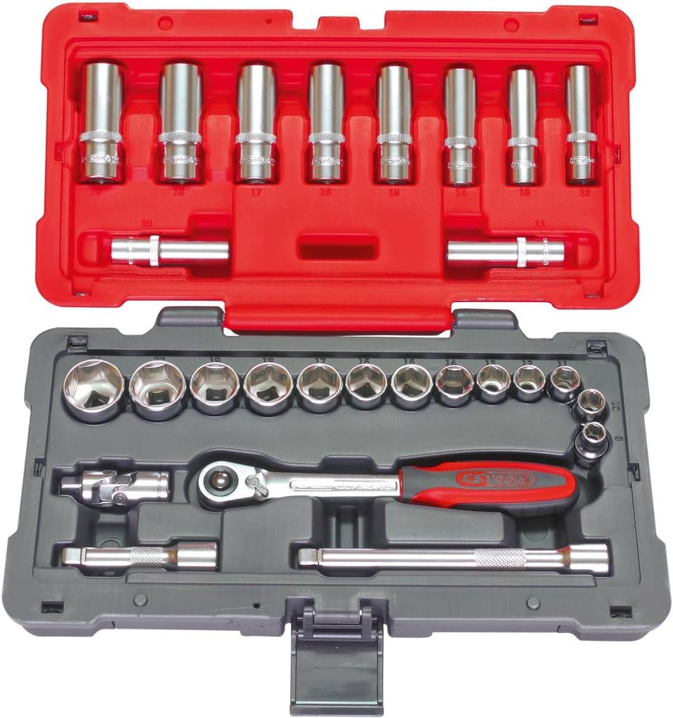 KS Tools Ultimate 922.0627 27 Pieces Box of Sockets/Accessories 3/8 ", Red / Black, Variety Pack