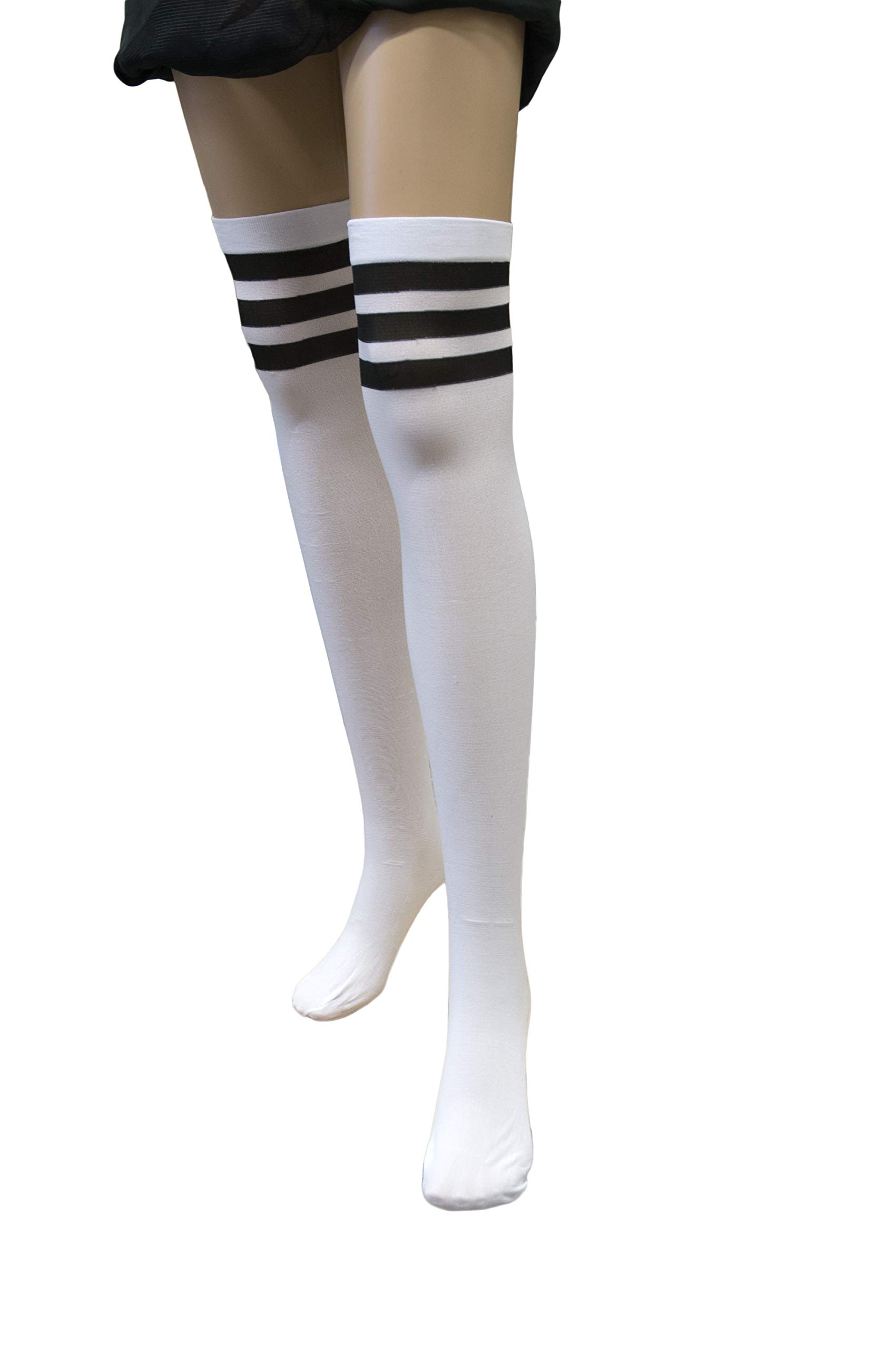 dressmeup - K0819-WHITE stockings women's stockings over-knees Halloween carnival white three black stripes
