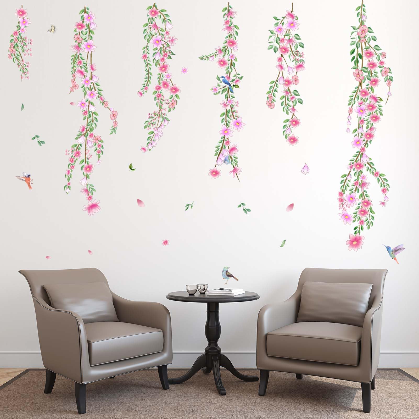 PinkEleph Hanging Vines Flower Wall Decals - Cherry Blossom Tree Branch Floral Birds Wall Stickers - Living Room Bedroom TV Sofa Background Family Wall Decor