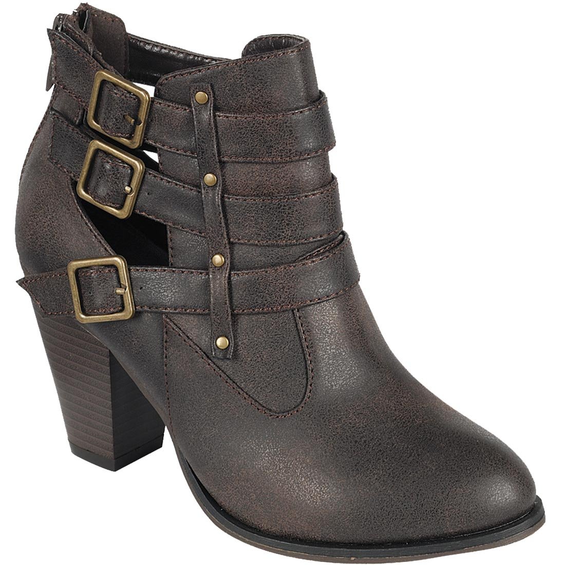 Forever Link Women's Buckle Stacked Chunky Heel Almond Toe Bootie (8.5 B(M) US, Brown) - Image 3