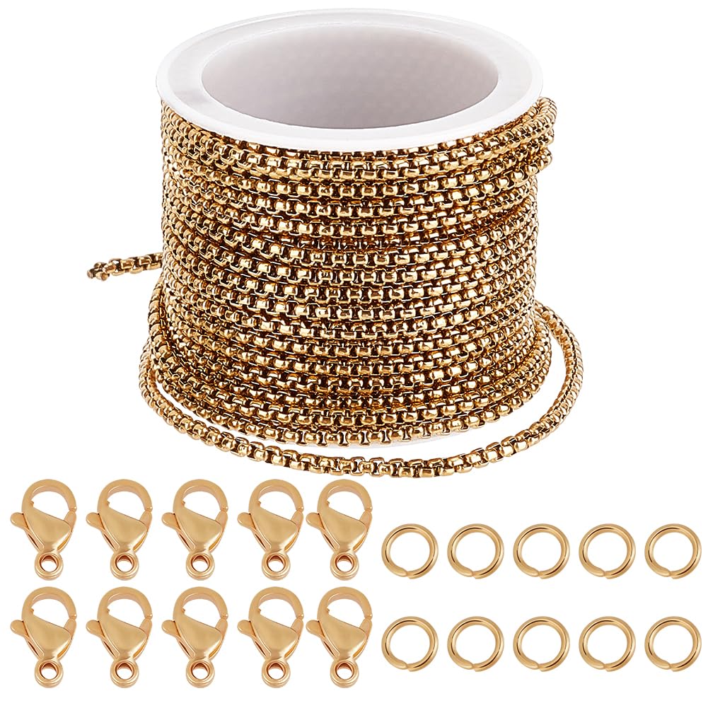 Beebeecraft 16.4 Feet Rolo Box Chain 304 Stainless Steel Gold Square Roll Links Flat Spool Making Kit for DIY Necklace Bracelet Jewelry Craft