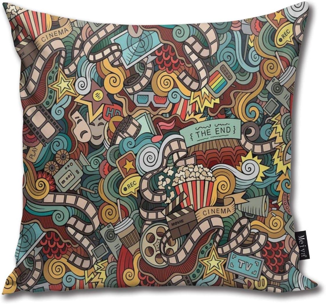 Cinema Items Combined in an Abstract Style Popcorn Movie Reel The End Theatre Masks Sofa Car Decorative Cotton Blend Throw Pillow Case Cushion Cover Square 16 X 16 Inches