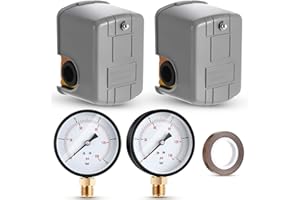 Ninehaoou 2 Well Pump Pressure Switch Well Switch Setting 2 Pcs 1/4 Npt Pressure Gauge and a Roll Tape for Electric Water Pumps Jet Submersible Reciprocating Pumps(40-60 Psi)