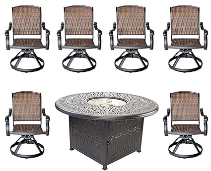 Cast Aluminum Elisabeth 7pc Outdoor Set 52 Round Fire Pit Dining Propane Patio Table 6 Santa Clara Swivel Chairs Mocha