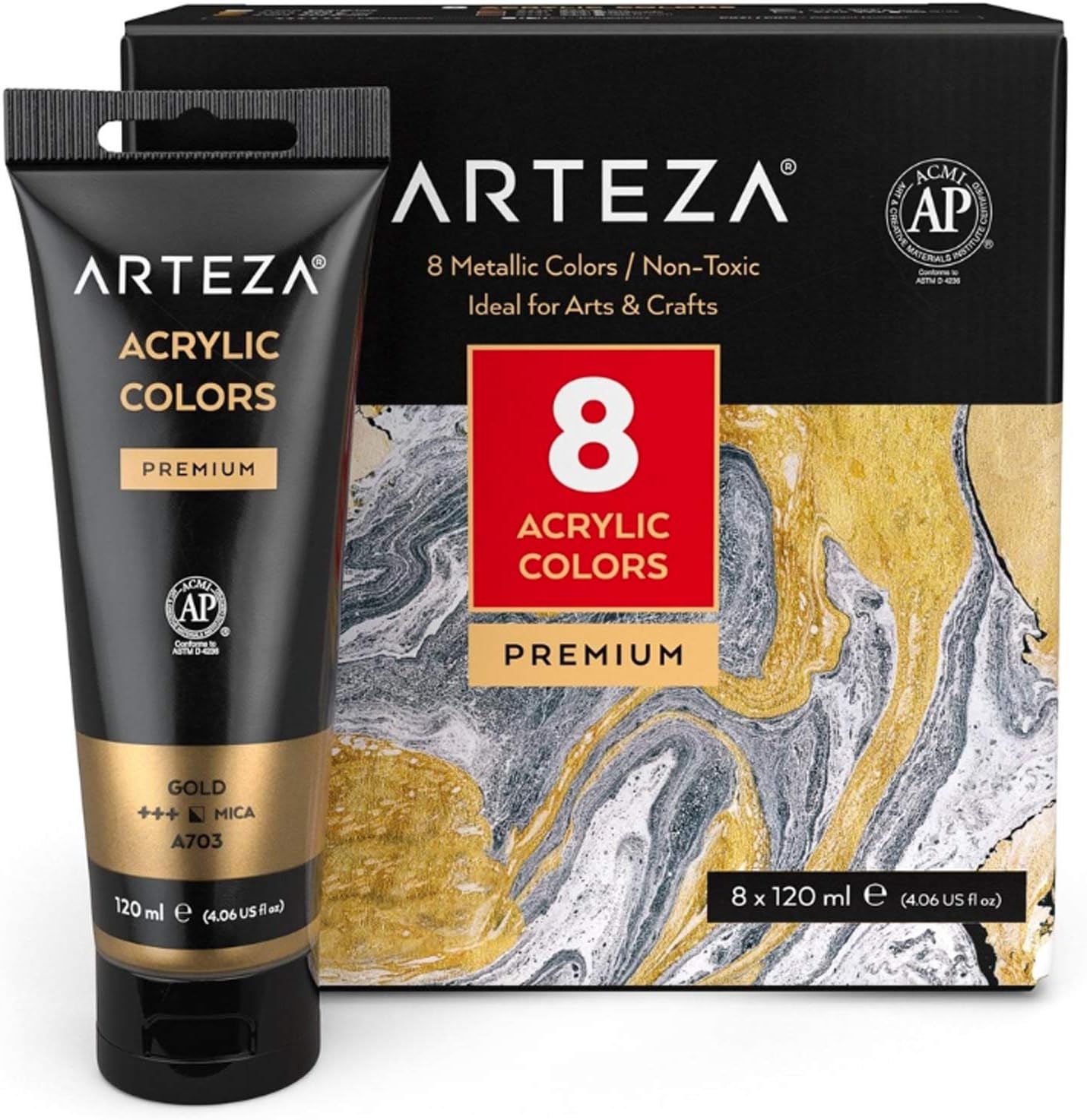 Arteza Metallic Acrylic Paint, Set of 8 Metallic Colors in 4.06oz/120ml Tubes, Rich Pigments, Non Fading, Non Toxic Paints for Artists & Hobby Painters, Art Supplies for Canvas Painting: Home Improvement