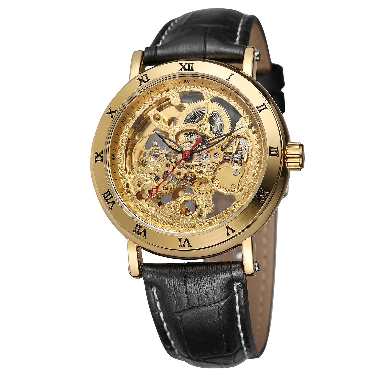 FORSINING Men's Trendy Steampunk Automatic Skeleton Analogue Black Leather Wristwatches for Gift