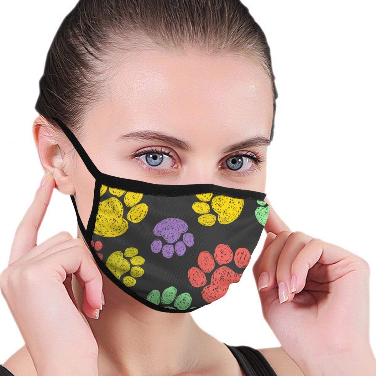 Colorful Hand Drawn Doodle Paw Prints Washable Reusable Mouth Mask Anti Dust Half Face Mouth Mask for Men Women Dustproof with Ear Loops