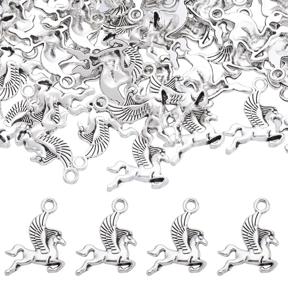 SUNNYCLUE 1 Box 100Pcs Horse Charms Bulk Pegasus Charms Antique Silver Alloy Vintage Horse Flying Unicorn Animal Chram for jewellery Making Charms Women DIY Bracelets Earring Necklace Crafts Supplies