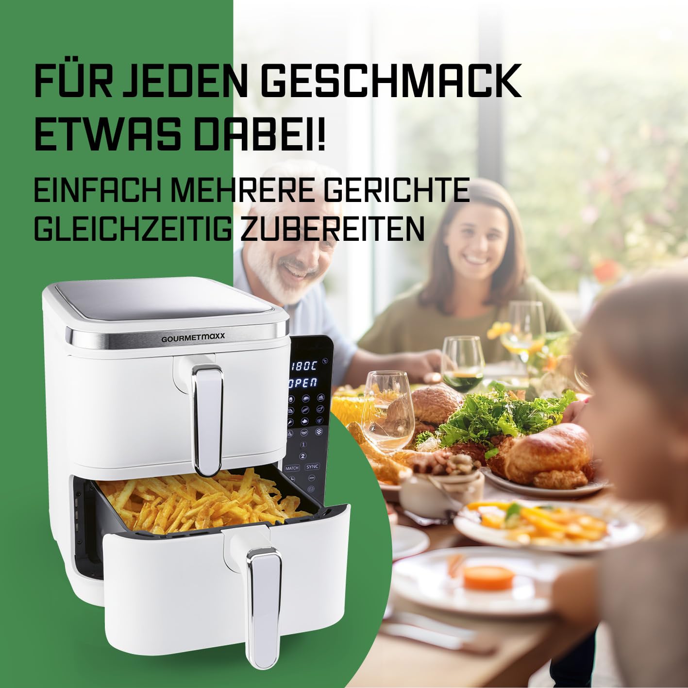 GOURMETmaxx FryUp Vertikale Doppelkammer Heißluftfritteuse | vertikaler Airfryer | klappbares Touchdisplay | 32% platzsparender | Fassungsvermögen 10L | Heißluftfritteuse 2 Kammern 7