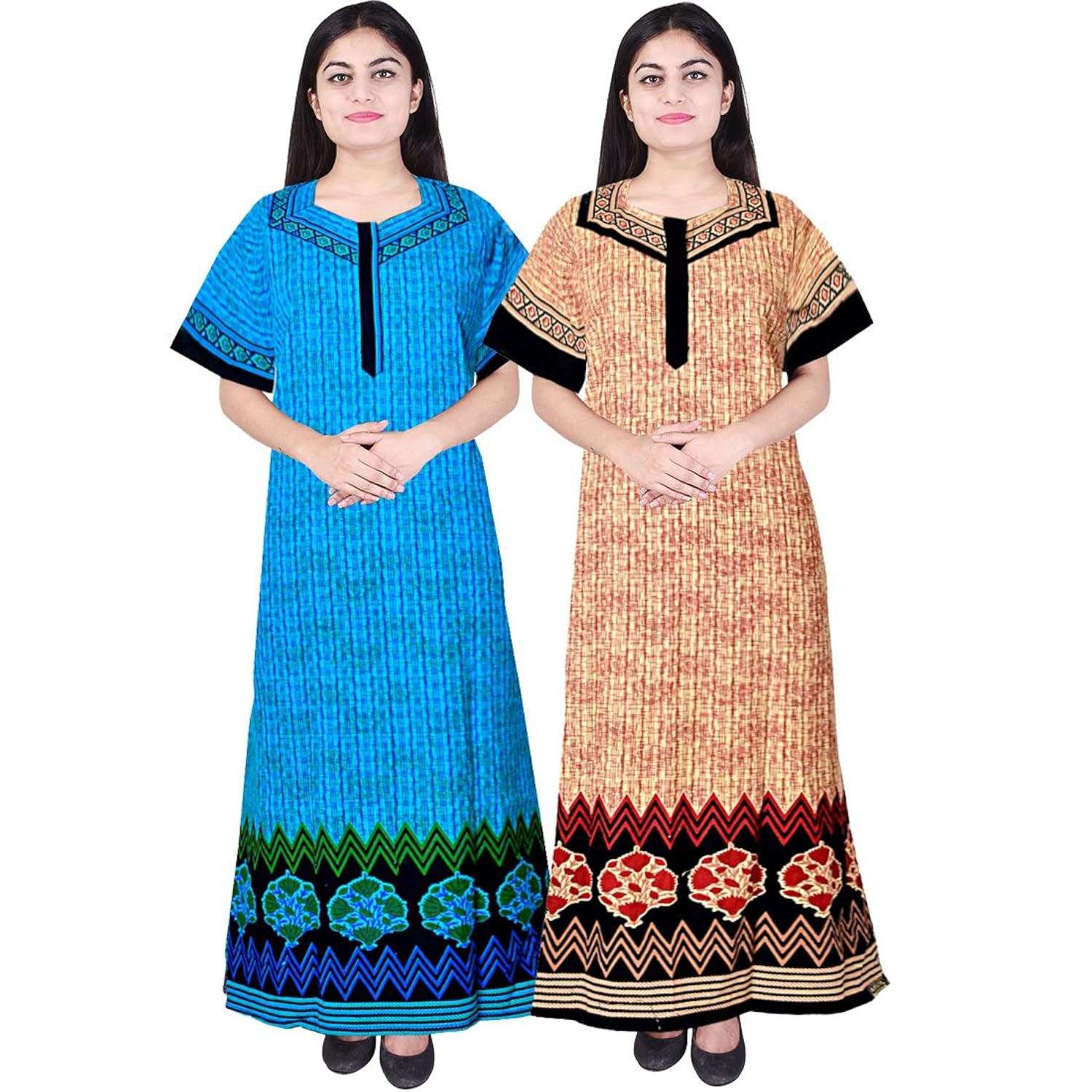 mudrika women's cotton long sleepwear (combo_198_multicolour_free size) - pack of 2