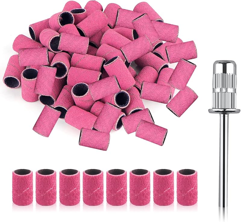 SenZee 240 Grit Sanding Bands for Nail Drill 100 Pcs Pink with Mandrel Kit