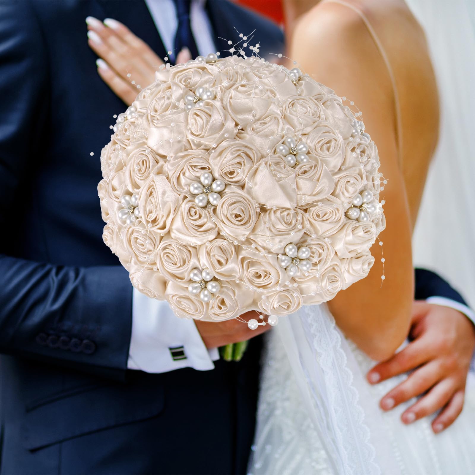 M METERXITY Artificial Rose Bouquet for Bride/Bridesmaid, Throw Toss Bridal Bouquet - Round Wedding Bouquet [Champagne]