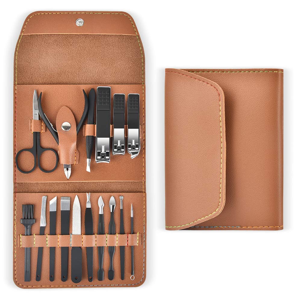 Nail Clippers Set Manicure Pedicure Kit - PWING 16 in 1 Black Manicure Set Professional Pedicure Nail Trimmer Tools, Portable Manicure Grooming Set with Brown Leather Case : Beauty
