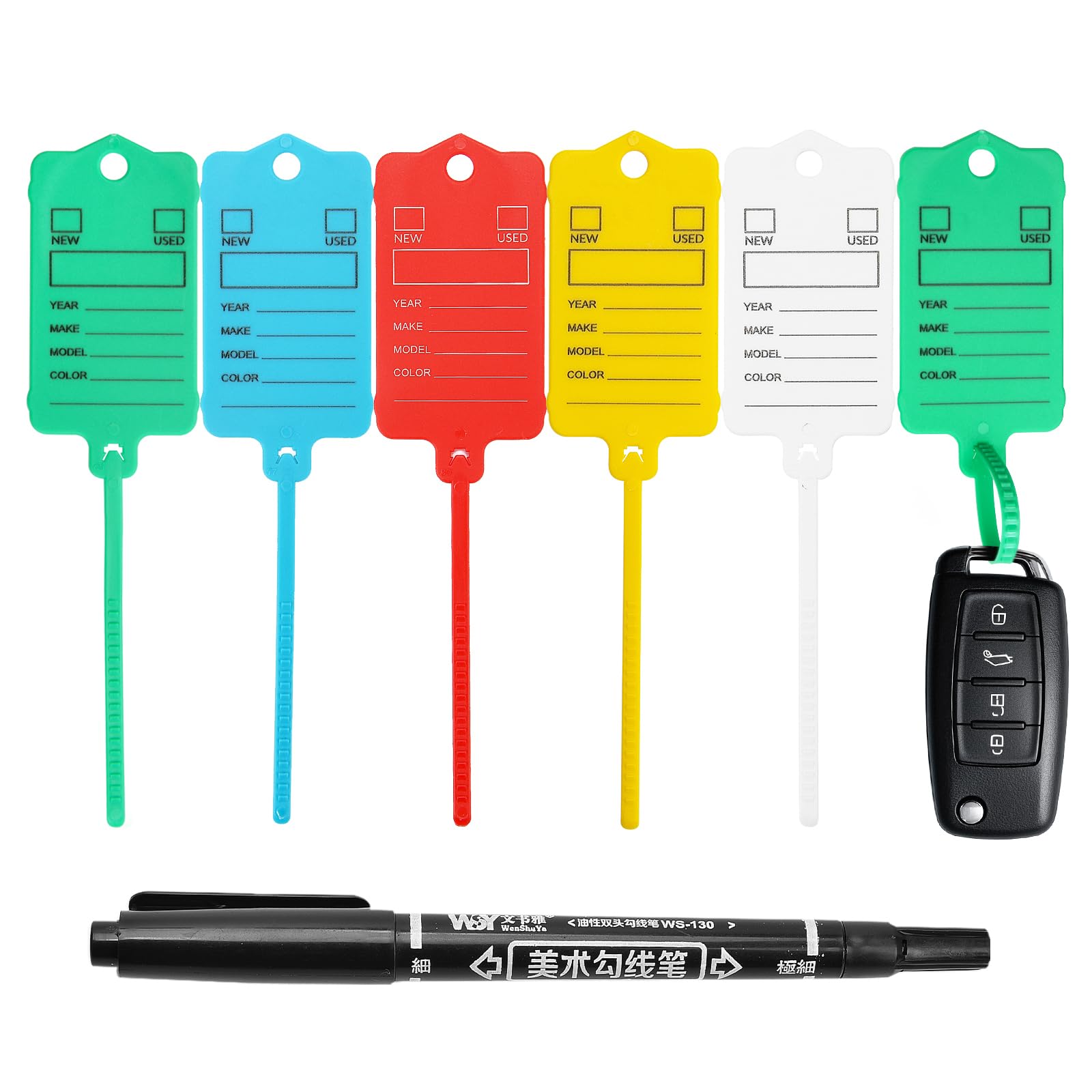 Photo 1 of 100 Car Key Tags with Labels Plastic Car Dealership Key Tags Self Locking Automotive Identifiers Blank Shop Labels with One Pen (Mixed Color)