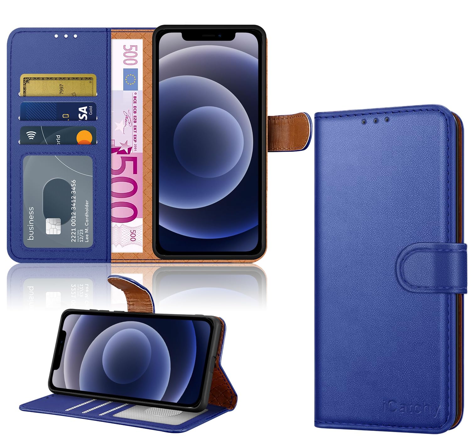 iCatchy for iPhone 12 Case/iPhone 12 Pro case Leather Wallet Book Flip Folio Stand View Case Compatible with iPhone 12 / iPhone 12 Pro (6.1'') Phone Cover (Blue)