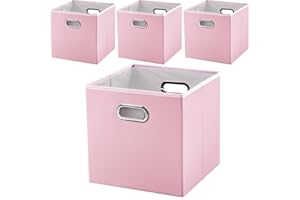 PRANDOM Leather Foldable Cube Storage Bins 13x13 inch [4-Pack] Fabric Storage Baskets Cubes Drawer with Cotton Handles Organizer for Shelves Nursery Closet Bedroom Clothes Pink