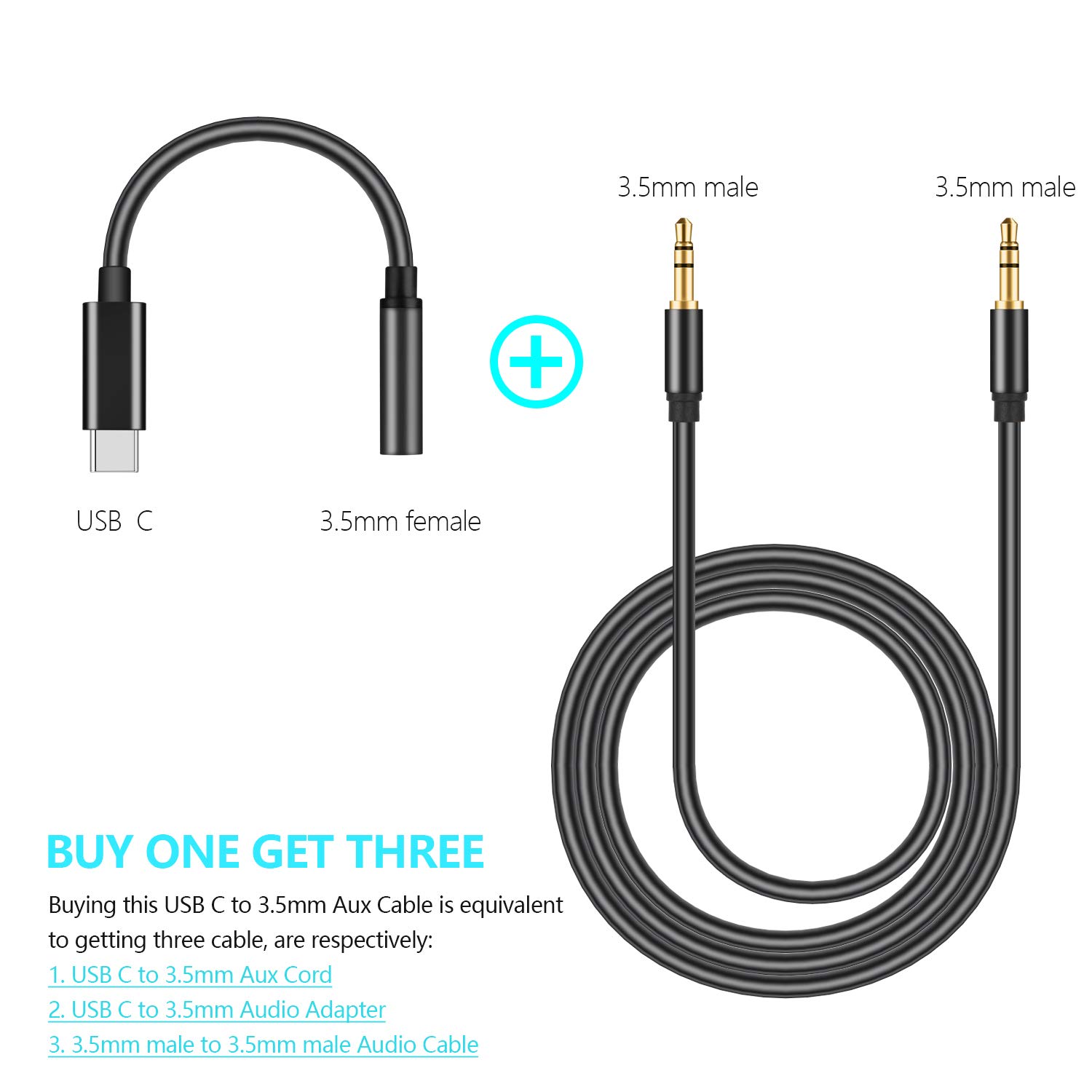 3-in-1 Type C to 3.5mm Audio Aux Jack Adapter, USB-C Male to 3.5mm Female Stereo Earphone Converter (Black)