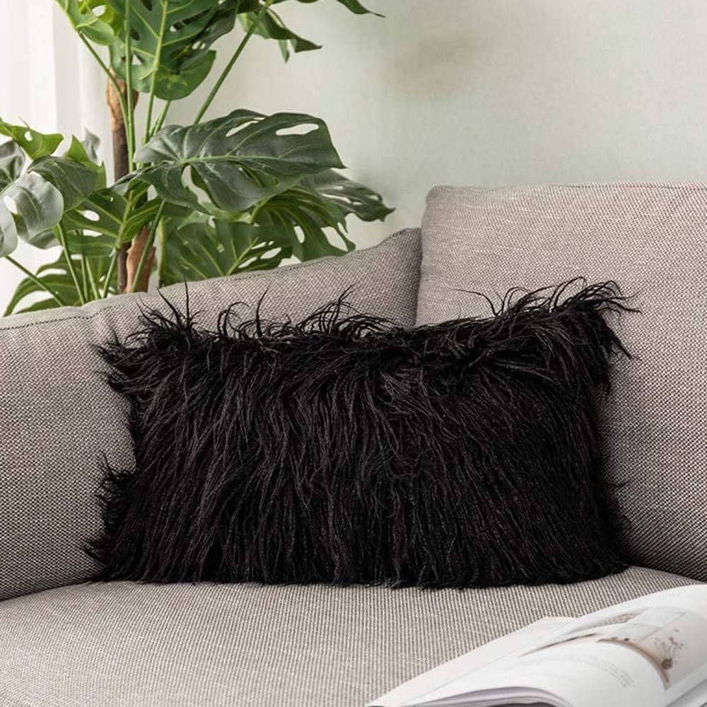 Sungea Mongolian Faux Fur Throw Pillow Cover, 12x20 Plush Pillow Case, Soft Luxury Cushion Cover Decorative Cushion Case for Girls Sofa Couch Living Room Bedroom (Black)