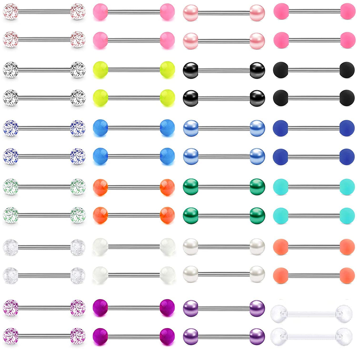 LAURITAMI 24 Pairs 14G Straight Tongue Bars Barbell Nipple Ring Shield Rings Retainer Glow in Dark Flexible Acrylic & Surgical Steel Piercing Jewellery 14mm 16mm