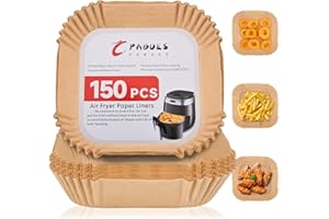 PABUES Air Fryer Paper Liners 6.3inch, 150PCS Non-Stick Parchment Paper,Oil Resistant,Disposable Food Grade Free of Bleach Paper Square for 2-5 QT Air Fryer Baking Roasting Microwave