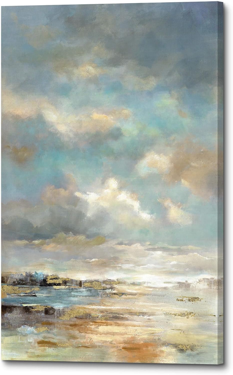 Paintings - Ocean Abstract Canvas Wall Art: Sunset Seascape Textured Artwork Gold Foil Coastal Hand Painted Painting Relax Vertical Glitter Beach Picture Prints Ready To Hang for Office Living Room Bedroom