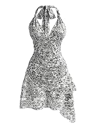 BEAUDRM Women's Floral Print Sleeveless Halter Deep