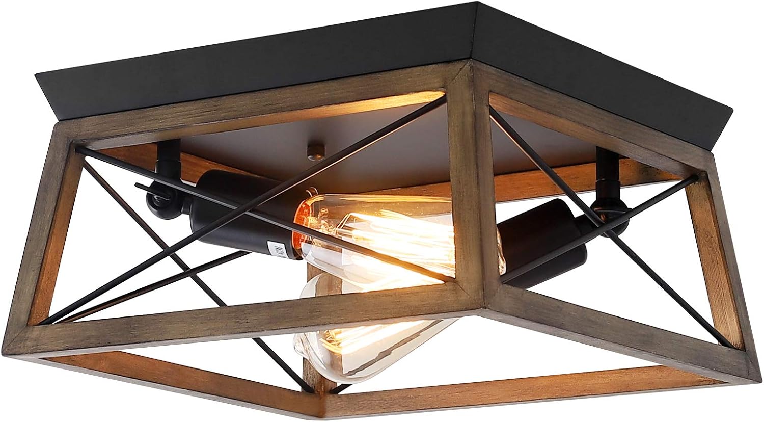 2-Light Farmhouse Flush Mount Ceiling Light, Square Farmhouse Light Fixtures, Rustic Industrial Ceiling Fixture with Wood Shade for Hallway, Entryway, Passway, Dining Room, Living Room