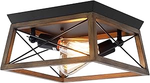 2-Light Farmhouse Flush Mount Ceiling Light, Square Farmhouse Light Fixtures, Rustic Industrial Ceiling Fixture with Wood Shade for Hallway, Entryway, Passway, Dining Room, Living Room