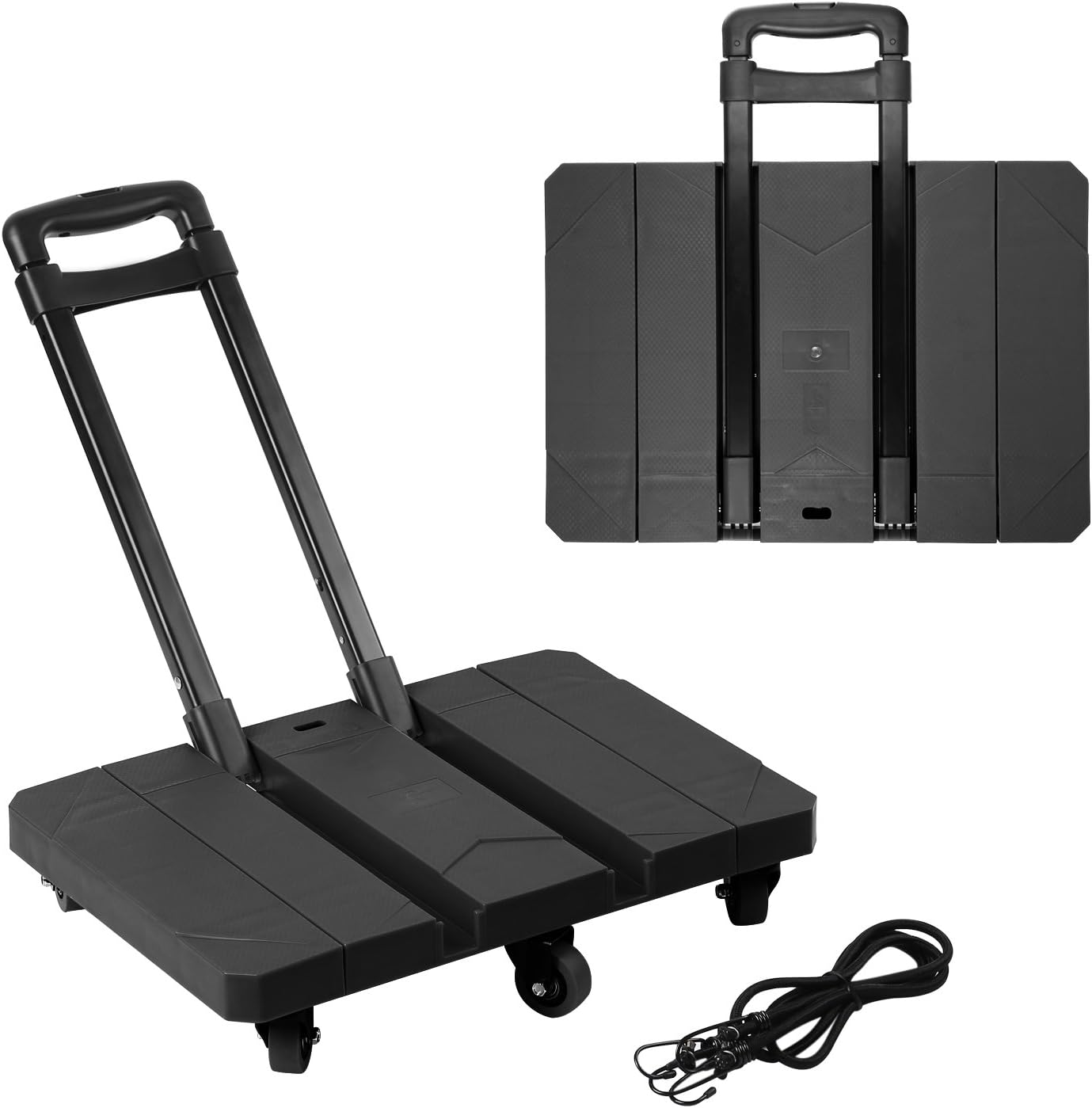 Foldable 6 Wheels Hand Trolley, Extendable Flat Luggage Cart Hand Trolley with 3-fold Handle & 2 supports strips