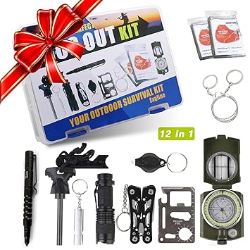 Exqline 12-in-1 Survival Set Überlebensset Survival Kit Set Selbsthilfe Set Survival Set Outdoor Sicherheitsausrüstung für Re