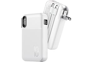 RORRY Portable Charger Built in Cables, AC Wall Plug In Portable Charger Power Bank 10000mAh Travel Battery Pack 22.5W Fast Charging for iPhone 17/16/15 Samsung Galaxy S24/S23/S22 Pixel LG iPad, White