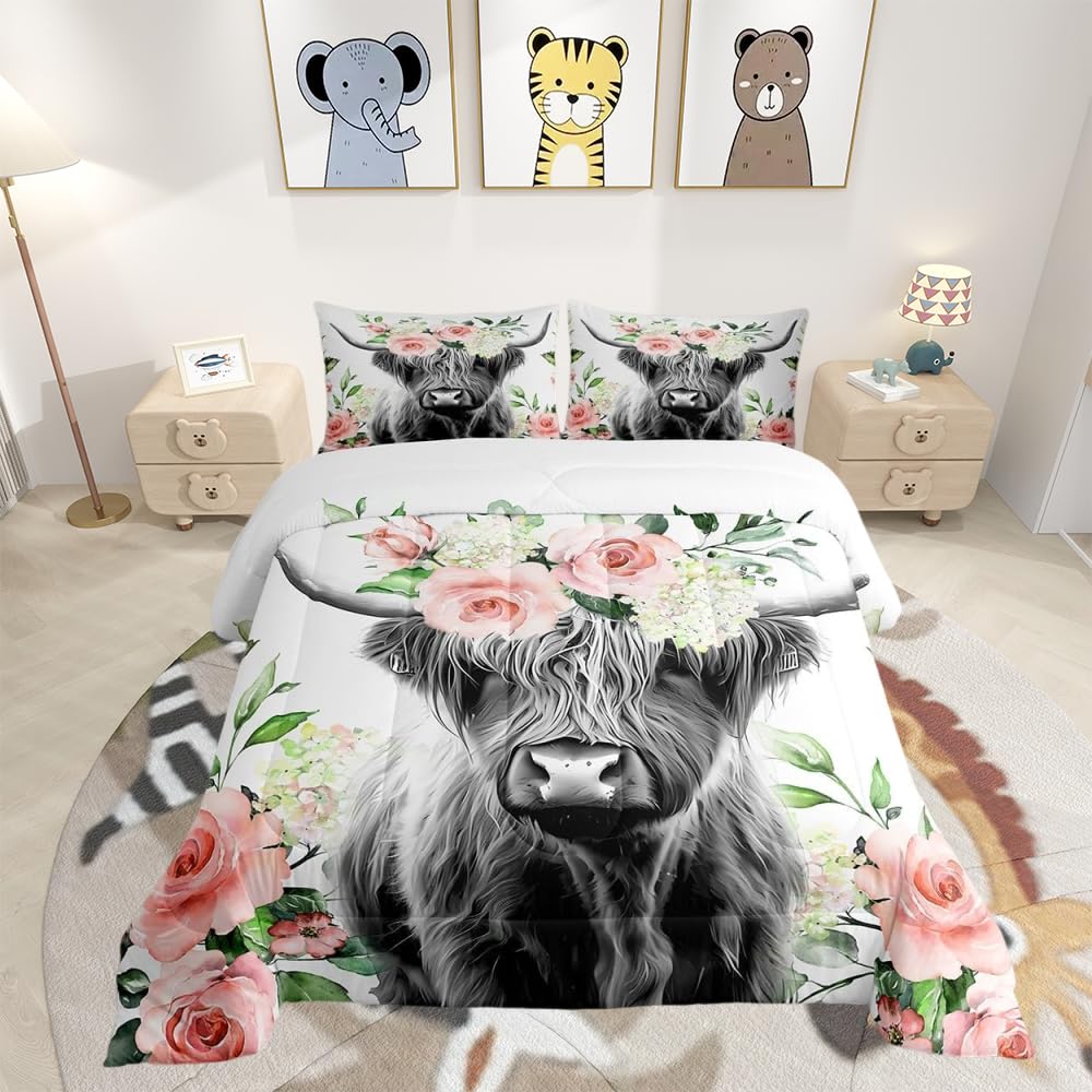 Loussiesd Highland Cow Bedding Set Kids Rose Floral Bull Cattle Duvet for Girls Teens Western Wildlife Animal Comforter Farmhouse Duvet Set Room Decor Quilt Set Single Size — image 1