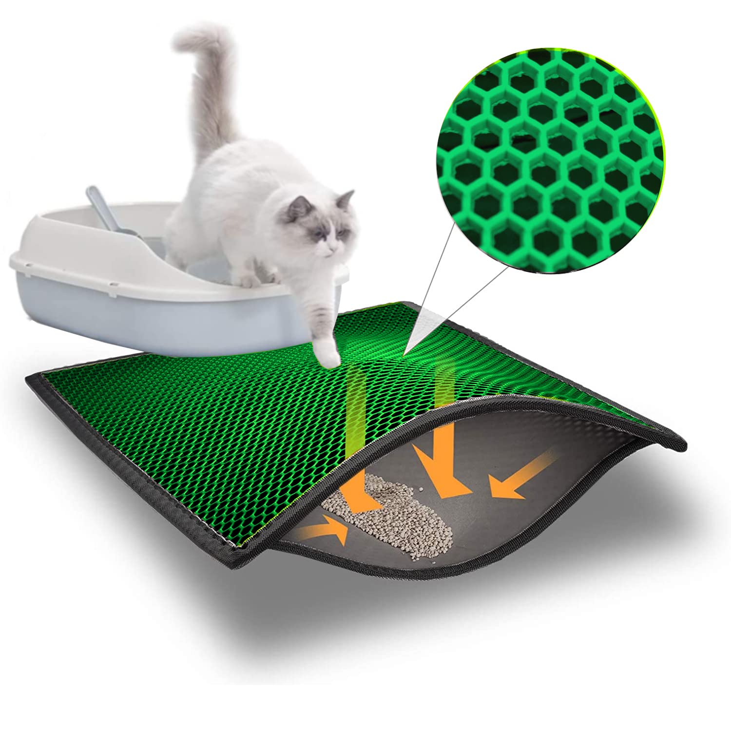 Blue Eyes Cat Litter Tray Mat, Litter Tray Underlay, Honeycomb Design, Waterproof, Double Layer Design, 60x40 cm, Green