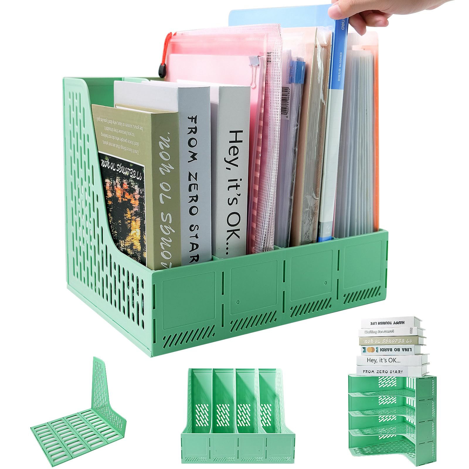 Photo 1 of ZQS Plastic Magazine File Holder, Desk Organizer File Folder for Office Organization and Storage, Sturdy Binder Organizer with 4 Vertical Compartmente?Desktop Accessories for Office Storage