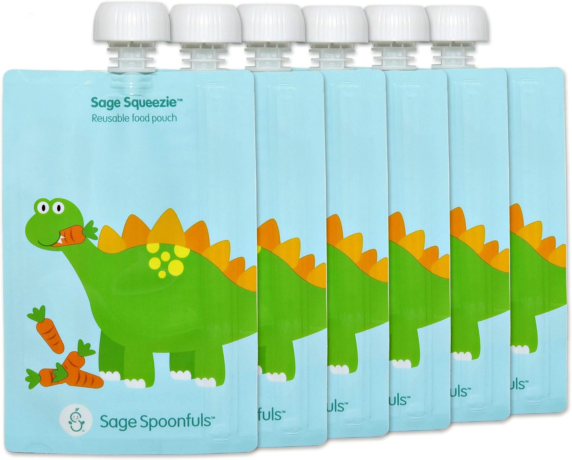 Sage Spoonfuls Squeezie Reusable Baby Food Pouches - 6-Pack of 7-Ounce Leakproof, Easy-to-Fill Pouches - Dino - Dishwasher Safe, BPA and Lead-Free