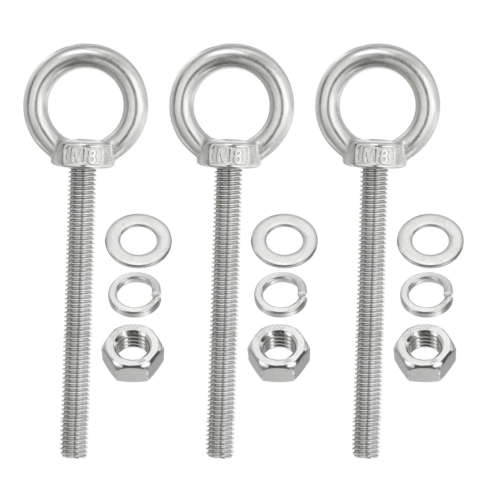 PATIKIL M8 x 80mm Lifting Shoulder Eye Bolt, 3Pcs 304 Stainless Steel Lifting Ring Threaded Eyebolt with Nuts Washers for Hanging Hammocks Articles