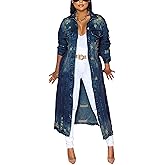 chouyatou Women's Spring Fashion Ripped Holes Maxi Long Denim Jacket Trench Coat