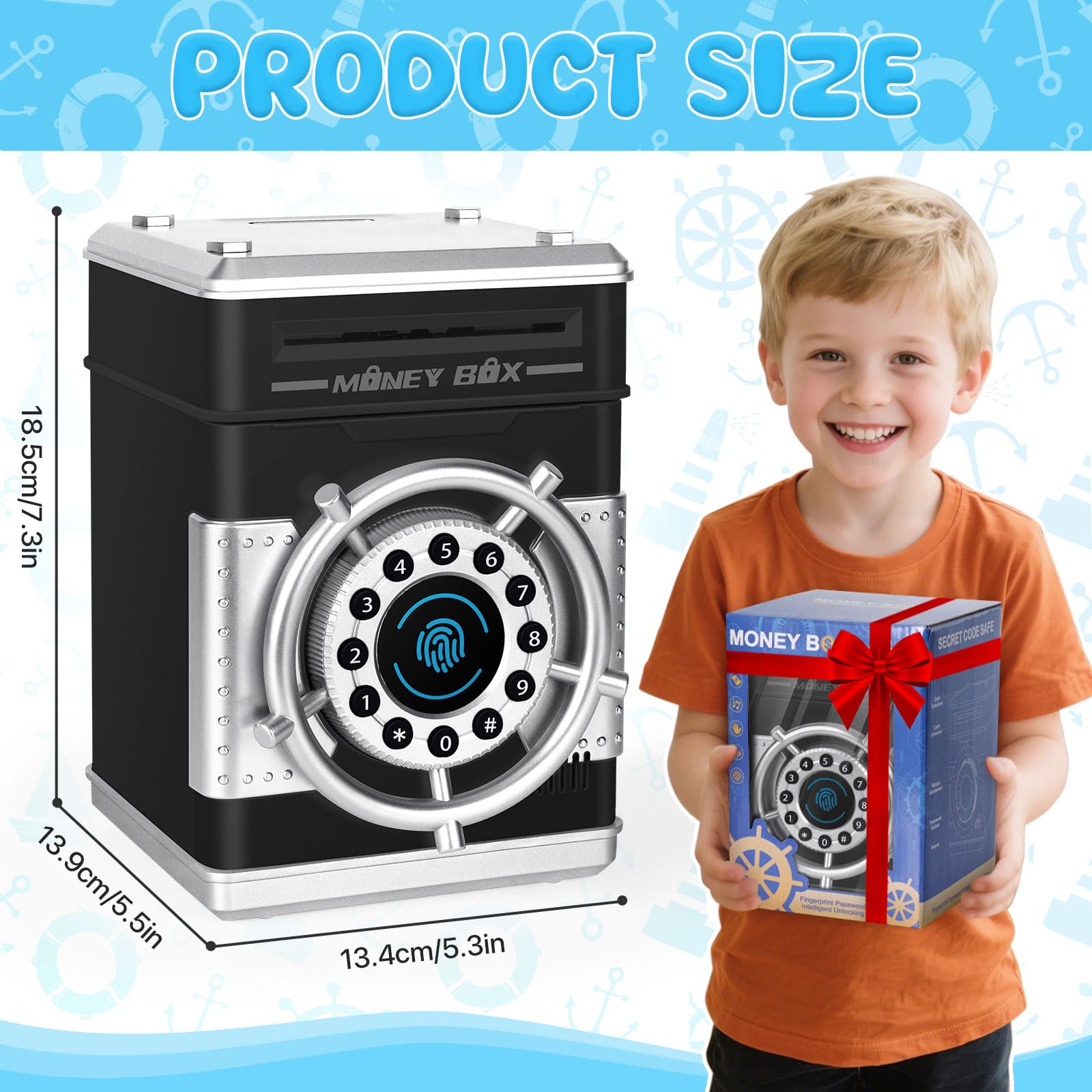 Yellcetoy Tresor Kinder, Steuerrad Spardose Kinder mit Code Elektrische Safe Sparschwein Sparbüchse ATM Piggy Bank, Geburtstag Weihnachts Geschenke für Jungen Mädchen 3 4 5 6 7 8+ Jahre Schwarz 7