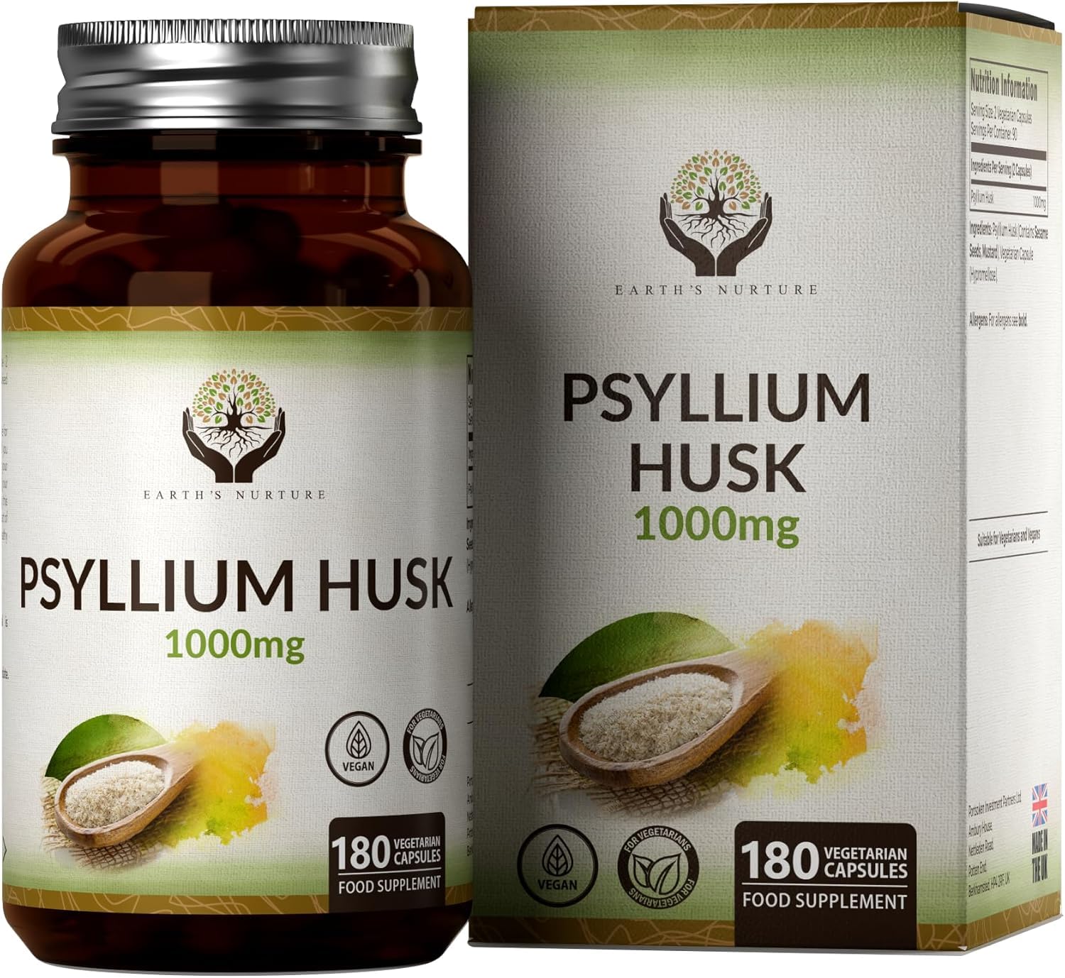 EN Psyllium Husk | 180 Fibre Supplement Psyllium Husks Capsules - 1000mg per Serving | High Strength Fiber Supplement with Psylium Husk Powder | Non-GMO & Allergen Free | Made in UK