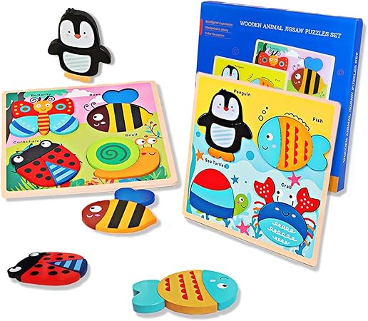 Amazon Aozora 青空 木製パズル おもちゃ 木製 パズル マッチング 積み木形合わせ 積み木 知育パズル ジグソー 8種類 動物 知育 玩具 学習玩具 教育おもちゃ 人気 子供 積み木 出産祝い お誕生日プレゼン 木製パズル おもちゃ