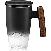 suyika Tomotime Ceramic Tea Cup with Infuser and Lid Tea Mugs Wooden Handle 400ml/13.5oz Black