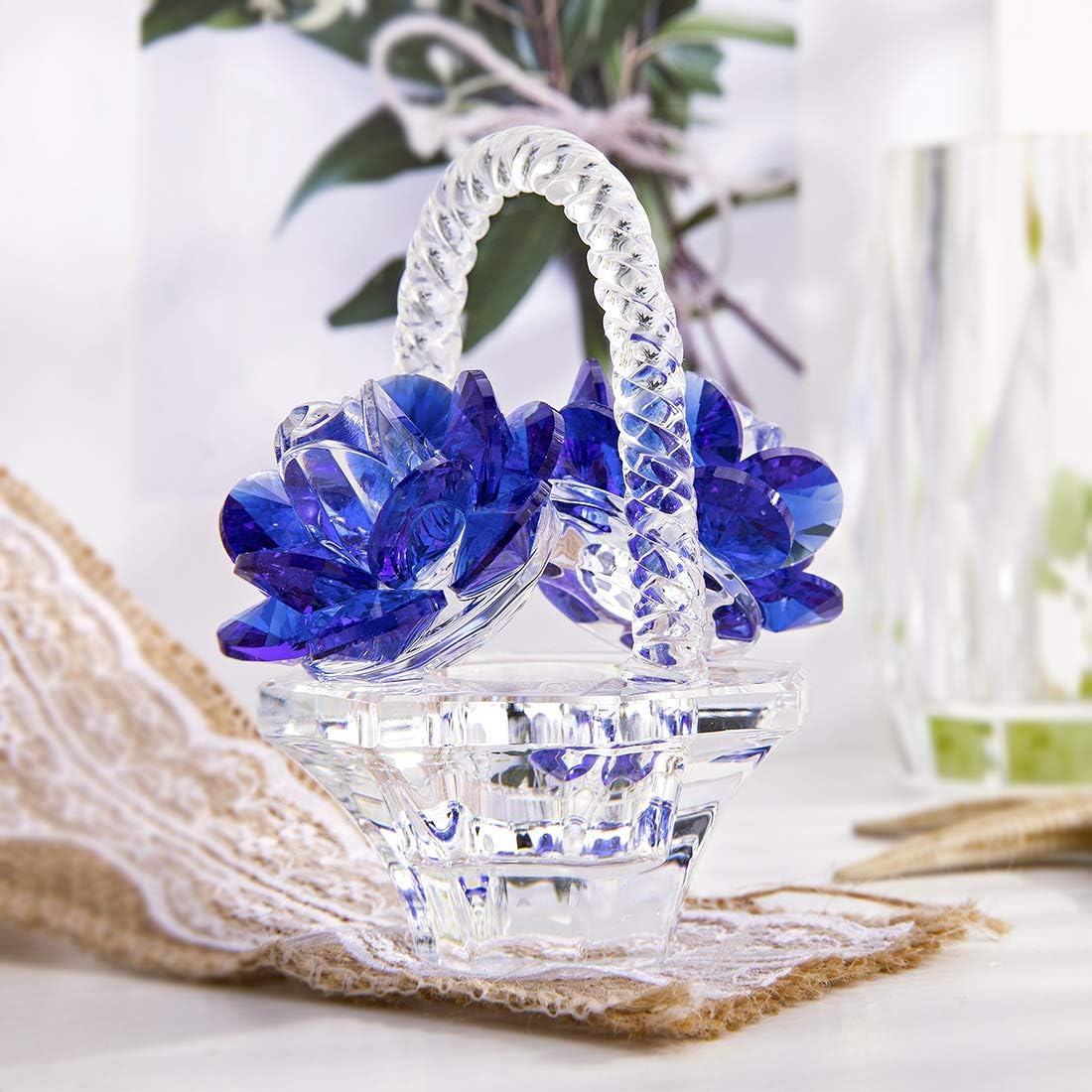 H&D HYALINE & DORA Crystal Rose Flower Basket Figurine, Glass Rose Figurines Ornament Collectibles, Home Decoration Wedding (Blue) - Image 3